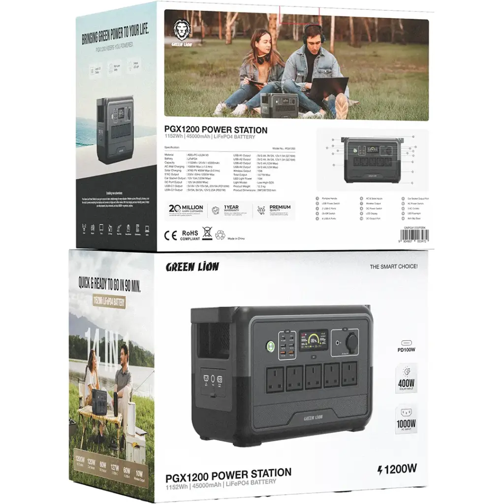 Green Lion PGX1200 Power Station with 1152Wh & 45000mAh LiFePO4 Battery - Black