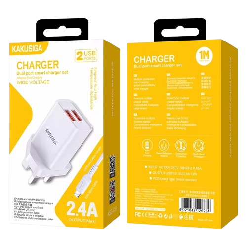 KAKUSIGA UK Plug USB Wall Charger Dual Ports USB Cable 3pin Mobile Phone Charger Travel Kits