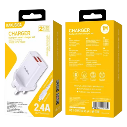 KAKUSIGA UK Plug USB Wall Charger Dual Ports USB Cable 3pin Mobile Phone Charger Travel Kits