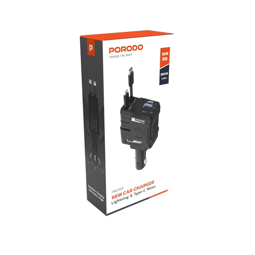 Porodo 66W Car Charger Lightning & Type-C - Black
