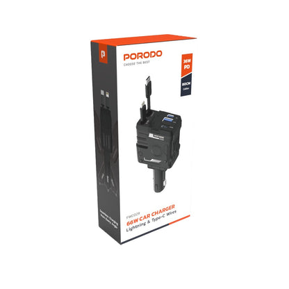Porodo 66W Car Charger Lightning & Type-C - Black