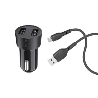 Porodo Dual USB Car Charger 3.4A with Type-C Cable 4ft. - Black
