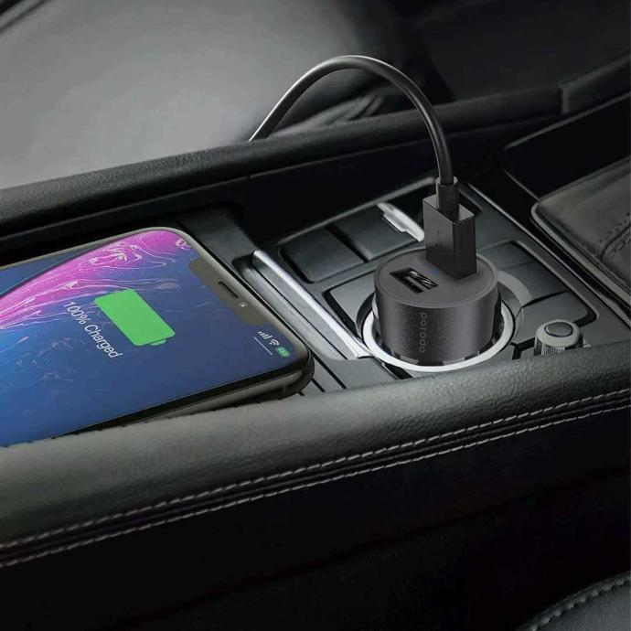 Porodo Dual USB Car Charger 3.4A with Type-C Cable 4ft. - Black