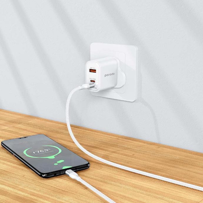 Porodo Triple Port PD QC Lightning 30W Wall Charger with Braided USB-C to Lightning Cable 1.2M - White