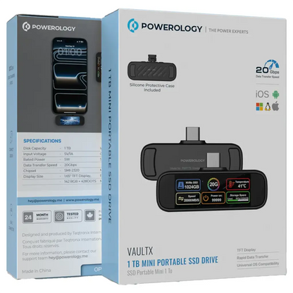 Powerology Vaultx  1Tb Mini Portable SSD Drive - Black