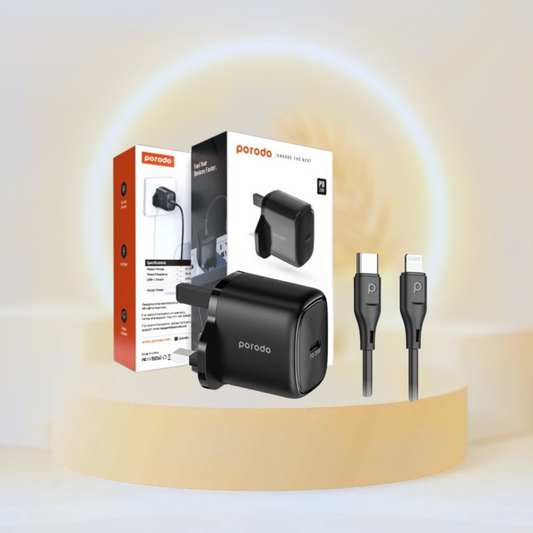 Porodo 20W Single USB C Charger UK With Type C to L Cable 1.2M - Black