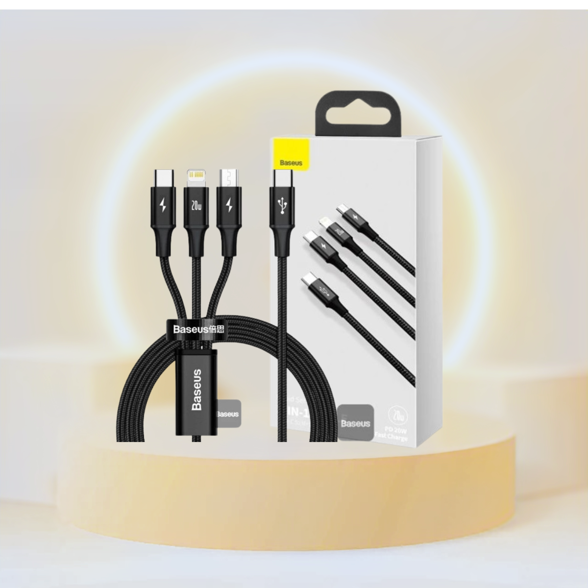 كابل بيانات سريع الشحن 3 في 1 من BASEUS Rapid Series Type-C إلى M+L+C PD بقوة 20 وات بطول 1.5 متر - أسود