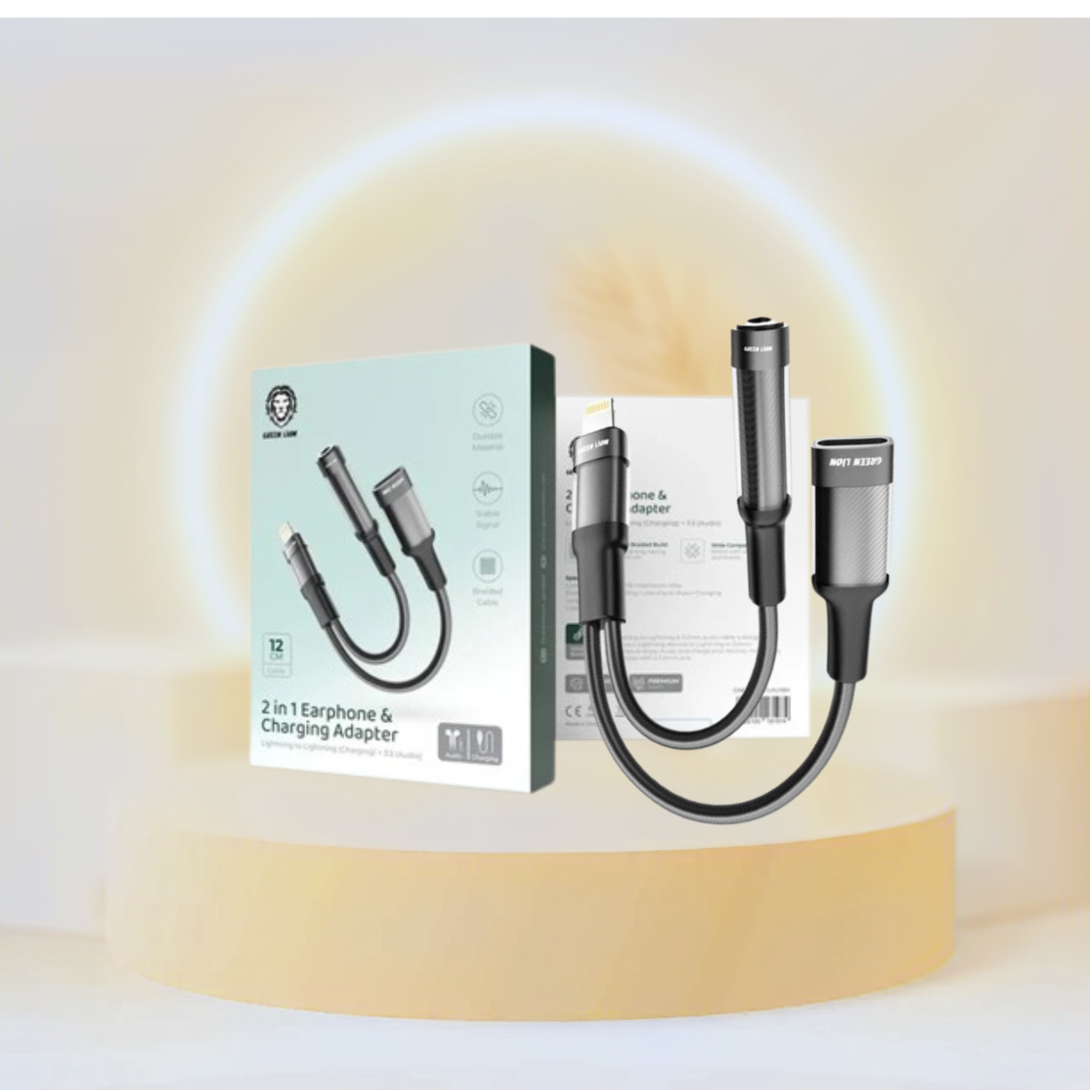 Green Lion 2 in 1 Earphone & Charging Adapter Lightning to Lightning + 3.5 12CM -Black