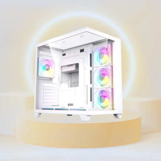 حافظة كمبيوتر Acegeek Horizon | حتى ATX | 7 مراوح RGB مقاس 120 مم مثبتة مسبقًا | دعامة مشعاع مقاس 360 مم | زجاج مقسّى مزدوج الجانب - أبيض