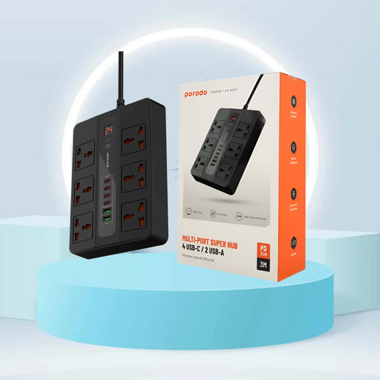 Porodo 6 AC 2 USB-A 24W & 4 USB-C PD 36W Multi-Port Super Hub 2M 3000W UK - Black