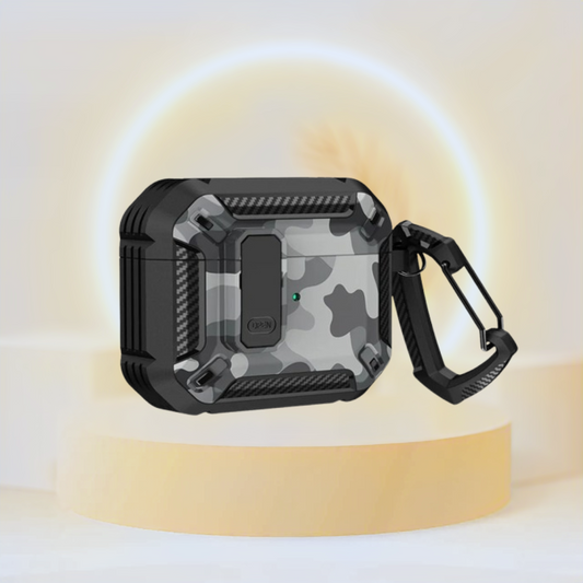 Two-Tone Printed Earphone Case with Switch Lock & Carabiner For AirPods 3(Black + Camouflage Gray)