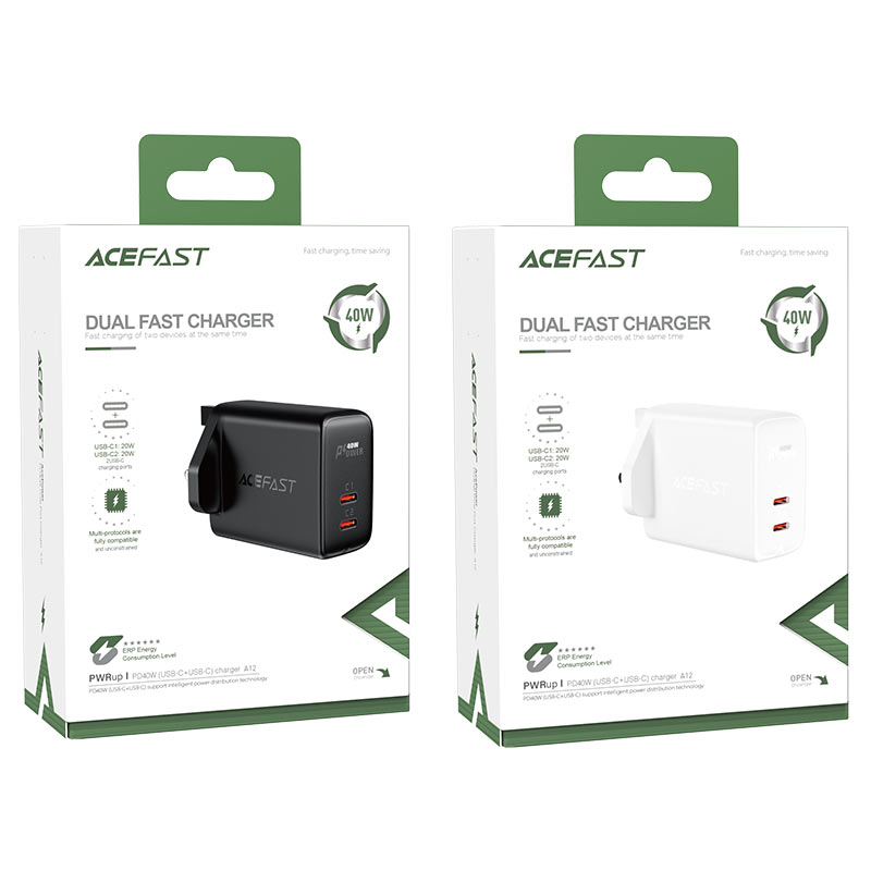 شاحن حائط AcFast Fast Charge A12 PD40W (2xUSB-C) المملكة المتحدة