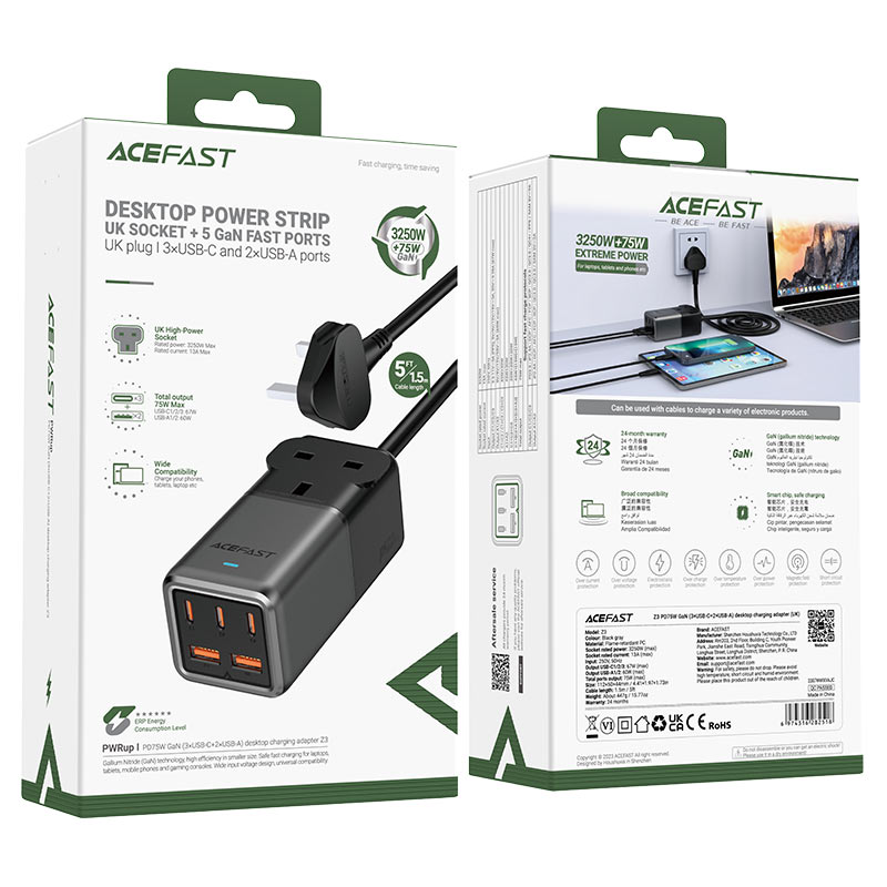 AceFast Fast Charge Power Strip Z3 PD75W GaN (3xUSB-C+2xUSB-A) UK