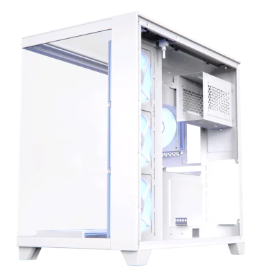 حافظة كمبيوتر Acegeek Horizon | حتى ATX | 7 مراوح RGB مقاس 120 مم مثبتة مسبقًا | دعامة مشعاع مقاس 360 مم | زجاج مقسّى مزدوج الجانب - أبيض