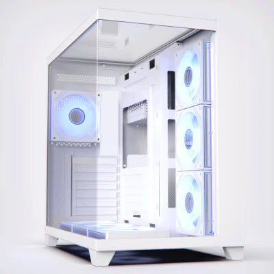 حافظة كمبيوتر Acegeek Horizon | حتى ATX | 7 مراوح RGB مقاس 120 مم مثبتة مسبقًا | دعامة مشعاع مقاس 360 مم | زجاج مقسّى مزدوج الجانب - أبيض