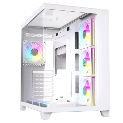 حافظة كمبيوتر Acegeek Horizon | حتى ATX | 7 مراوح RGB مقاس 120 مم مثبتة مسبقًا | دعامة مشعاع مقاس 360 مم | زجاج مقسّى مزدوج الجانب - أبيض