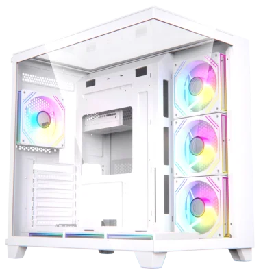 حافظة كمبيوتر Acegeek Horizon | حتى ATX | 7 مراوح RGB مقاس 120 مم مثبتة مسبقًا | دعامة مشعاع مقاس 360 مم | زجاج مقسّى مزدوج الجانب - أبيض